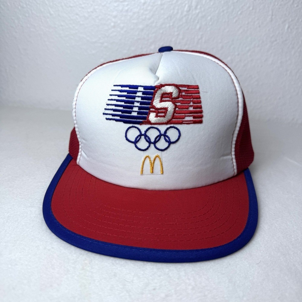 Vintage 1984 Olympics McDonalds SnapBack Cap Trucker Hat USA‎ Mesh Back Red Blue